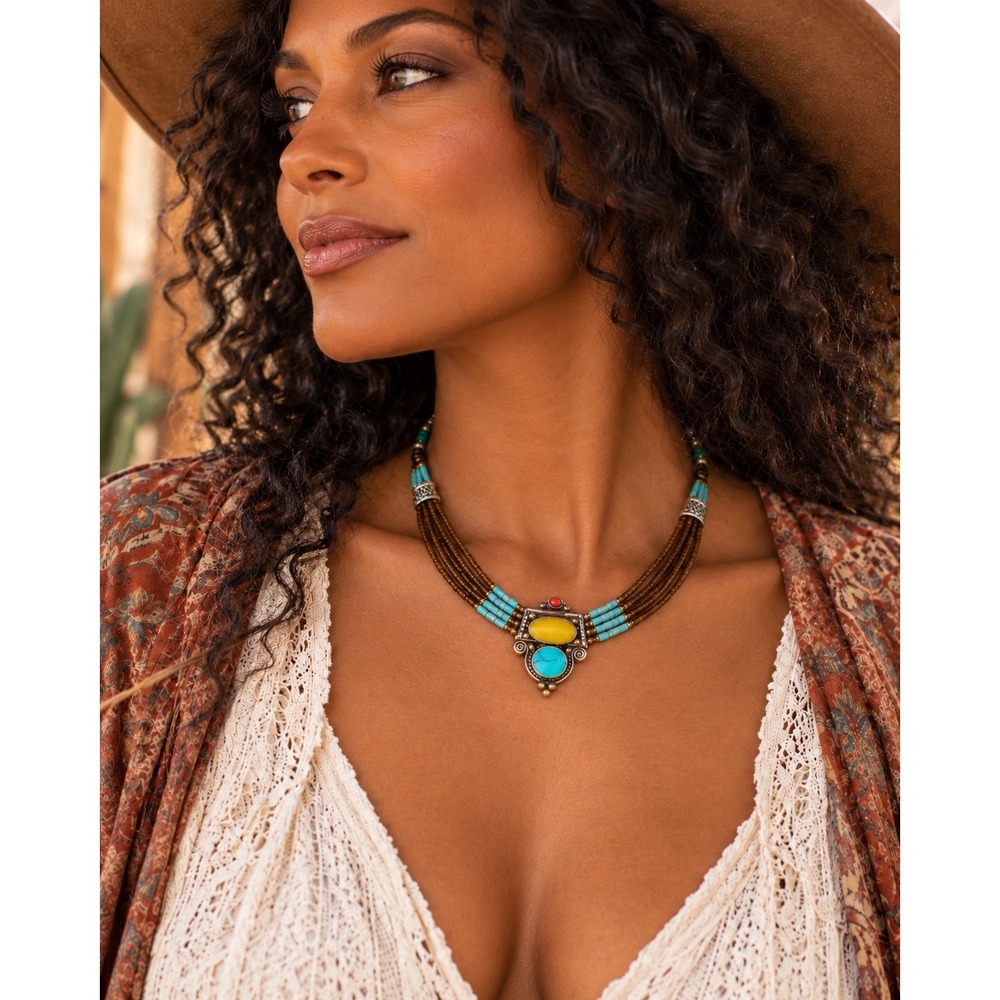 Tibetan Seed Bead Blue Turquoise Statement Necklace Tribal Boho Brown Vintage